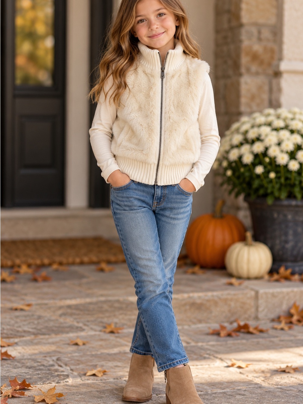 GAP Kids Ivory Faux Fur & Knit Zip Front Vest Girls M 8–9
